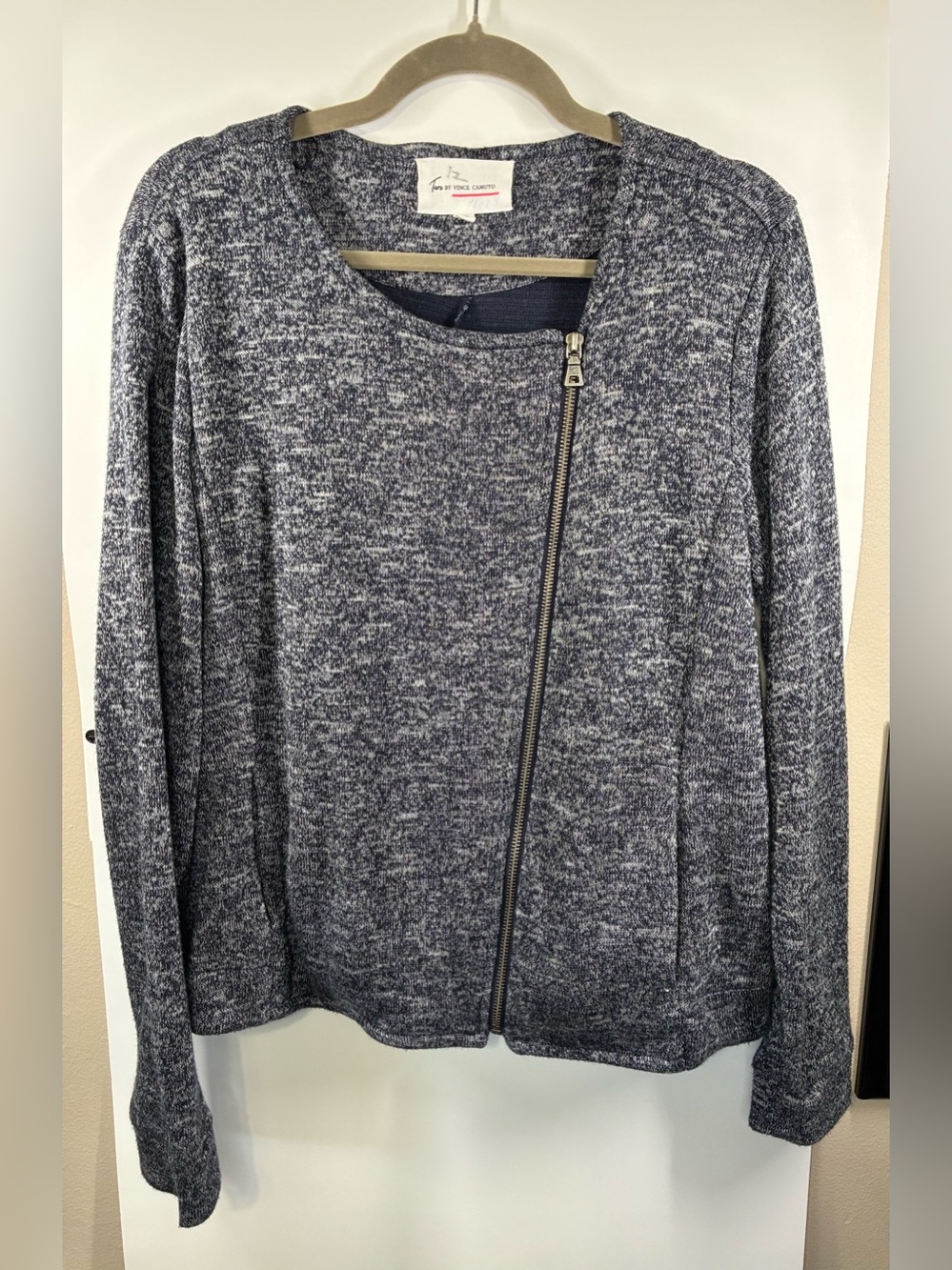 Two by Vince Camuto Women's Large Navy Marled Asymmetrical Zip Sweater